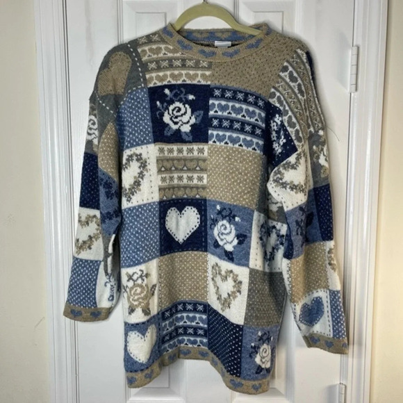 Ship n’ shore M Vintage 80’s tunic sweater rose heart argyle pullover - Picture 1 of 7